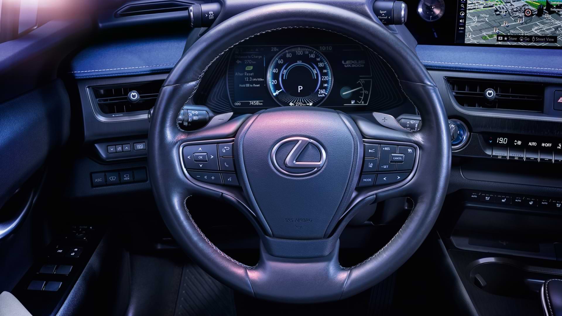 The UX 300e steering wheel and surrounding interior