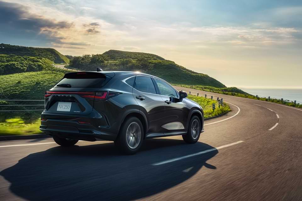 Lexus SUV, the NX. 250 is shown driving along coastal country roads.